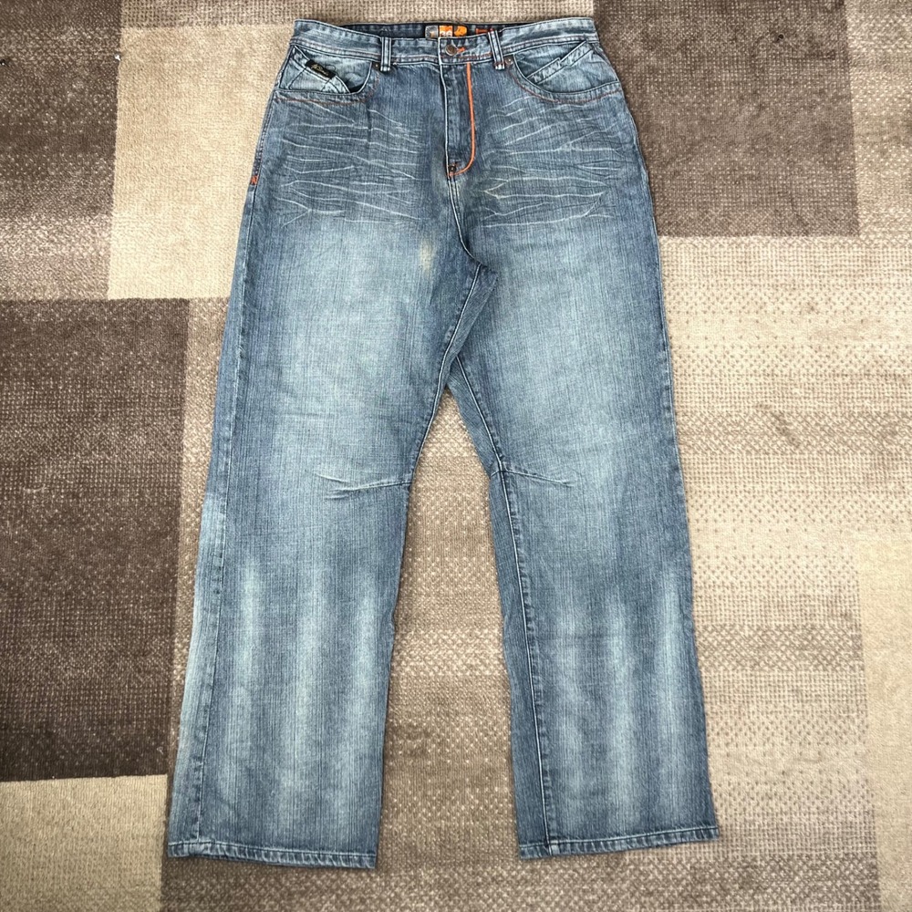 Akademiks Mens Relaxed Bootcut Jeans Blue Denim Size 36X32.5 Whiskering Y2K‎
